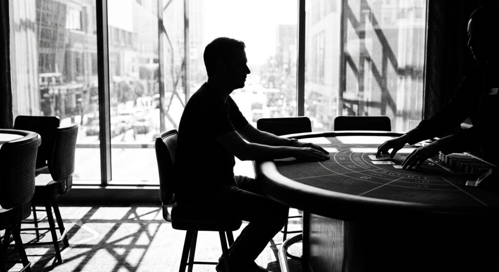 Kartu dan koin taruhan di atas meja baccarat